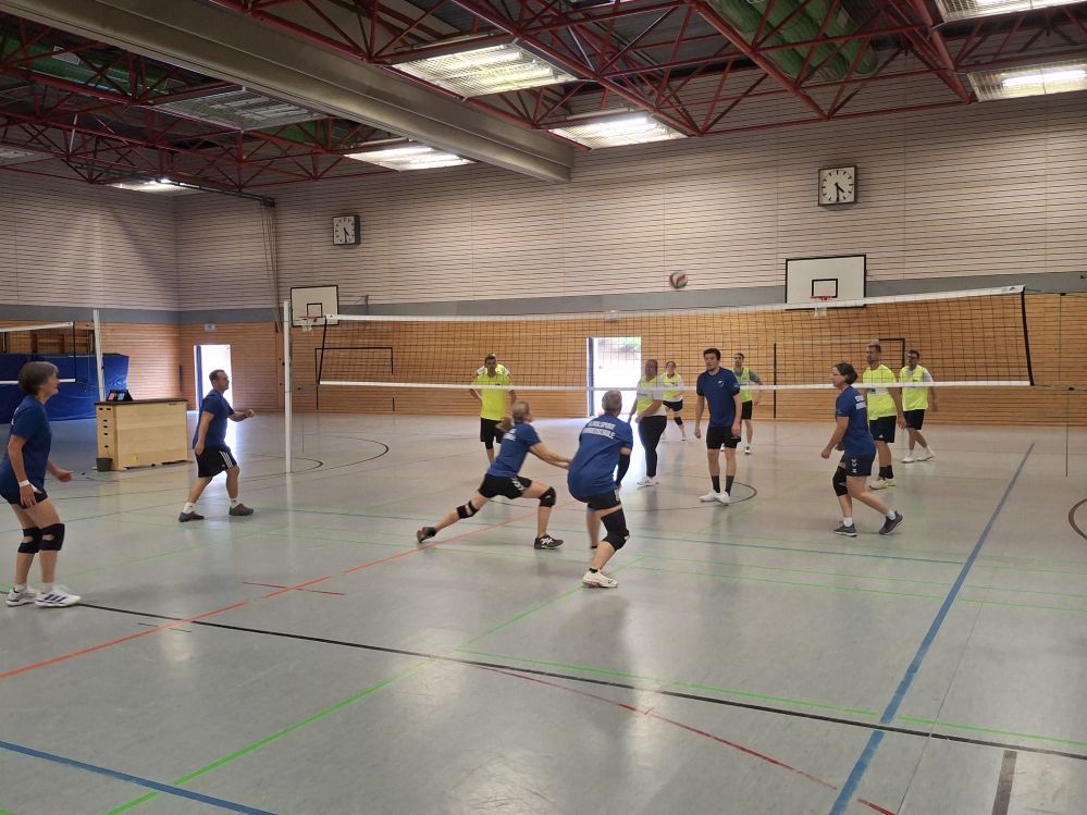 Zwei Mannschaften spielen Volleyball.