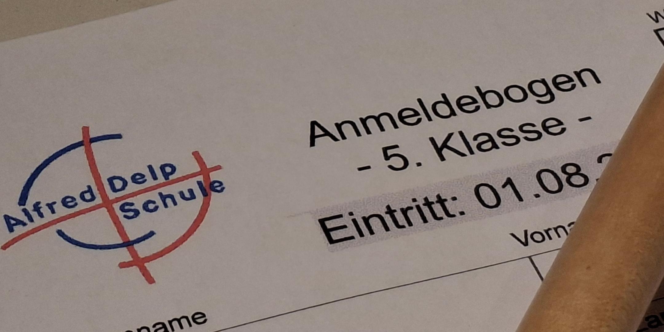 Kopf des Anmeldebogens mit Schullogo und Stift