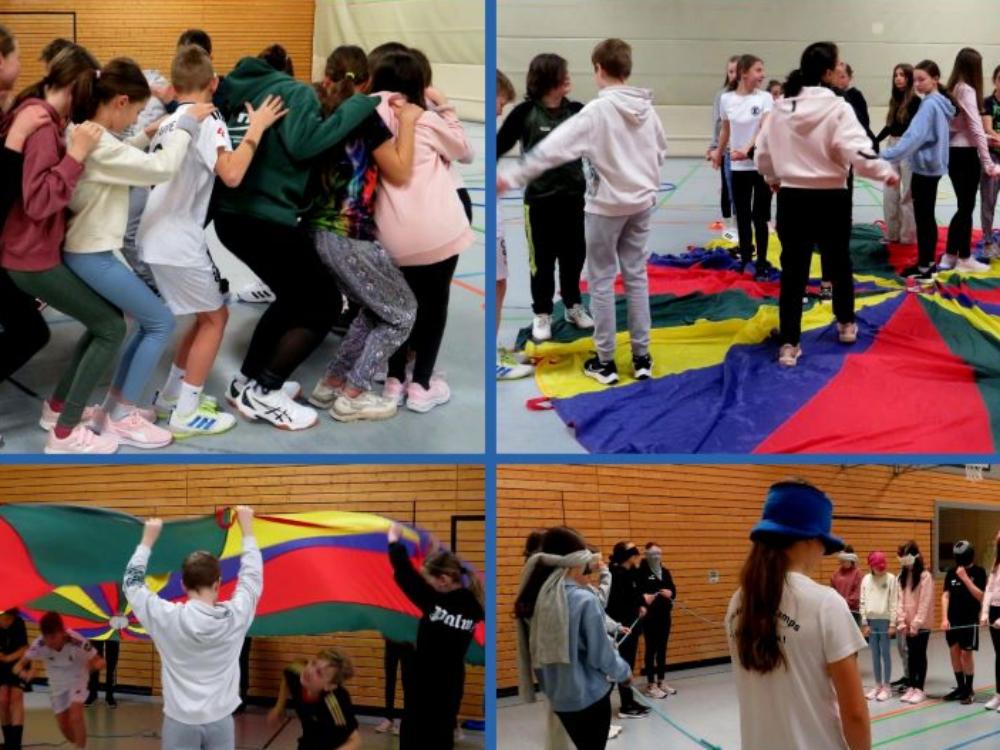 Collage von Bildern, auf denen Schüler als Gruppe bei Spielen interagieren