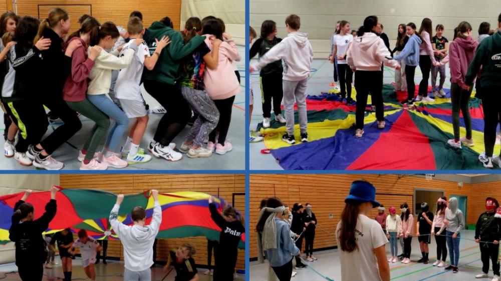 Collage von Bildern, auf denen Schüler als Gruppe bei Spielen interagieren