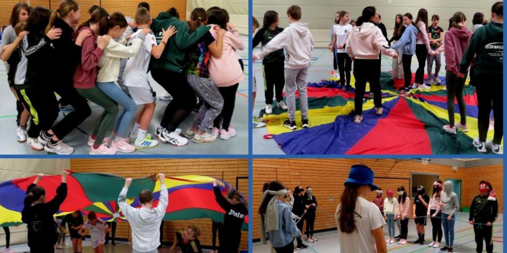Collage von Bildern, auf denen Schüler als Gruppe bei Spielen interagieren (c) Claudia Römer Collage von Bildern, auf denen Schüler als Gruppe bei Spielen interagieren