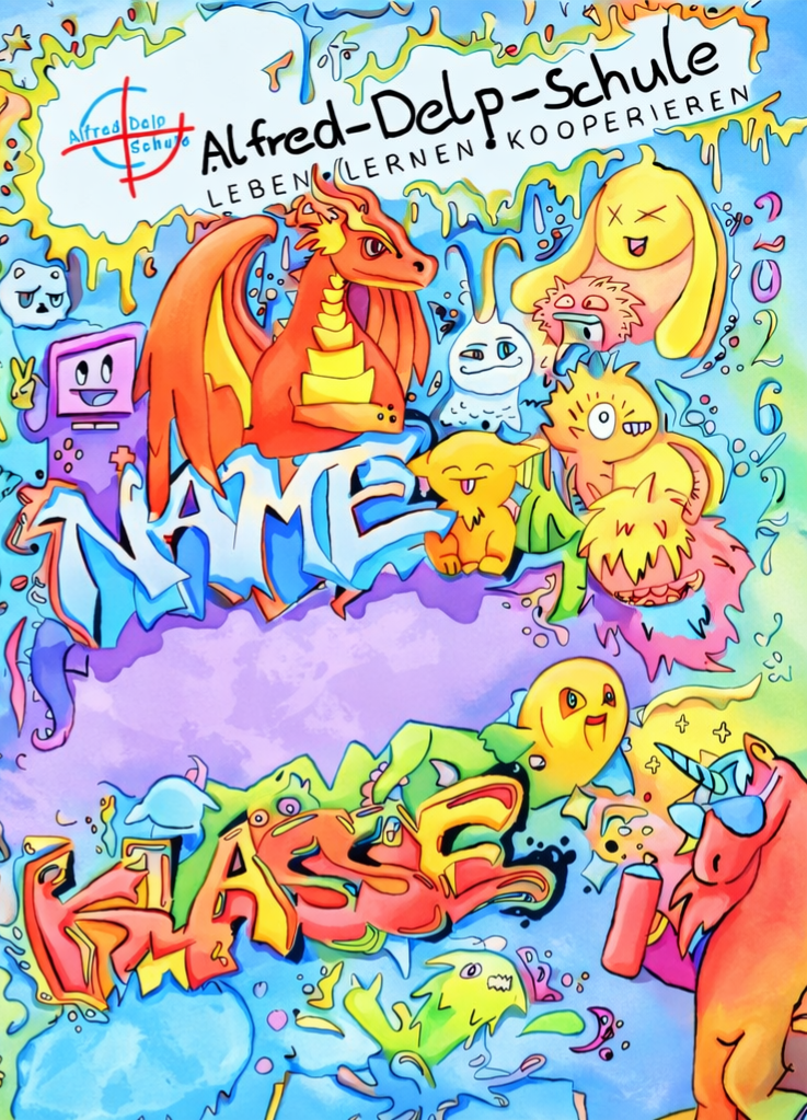 bunte Frontseite mit dem Schriftzug Alfred Delp Schule, Name und Klasse