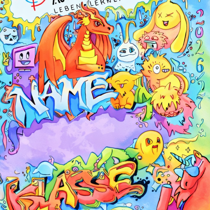 bunte Frontseite mit dem Schriftzug Alfred Delp Schule, Name und Klasse