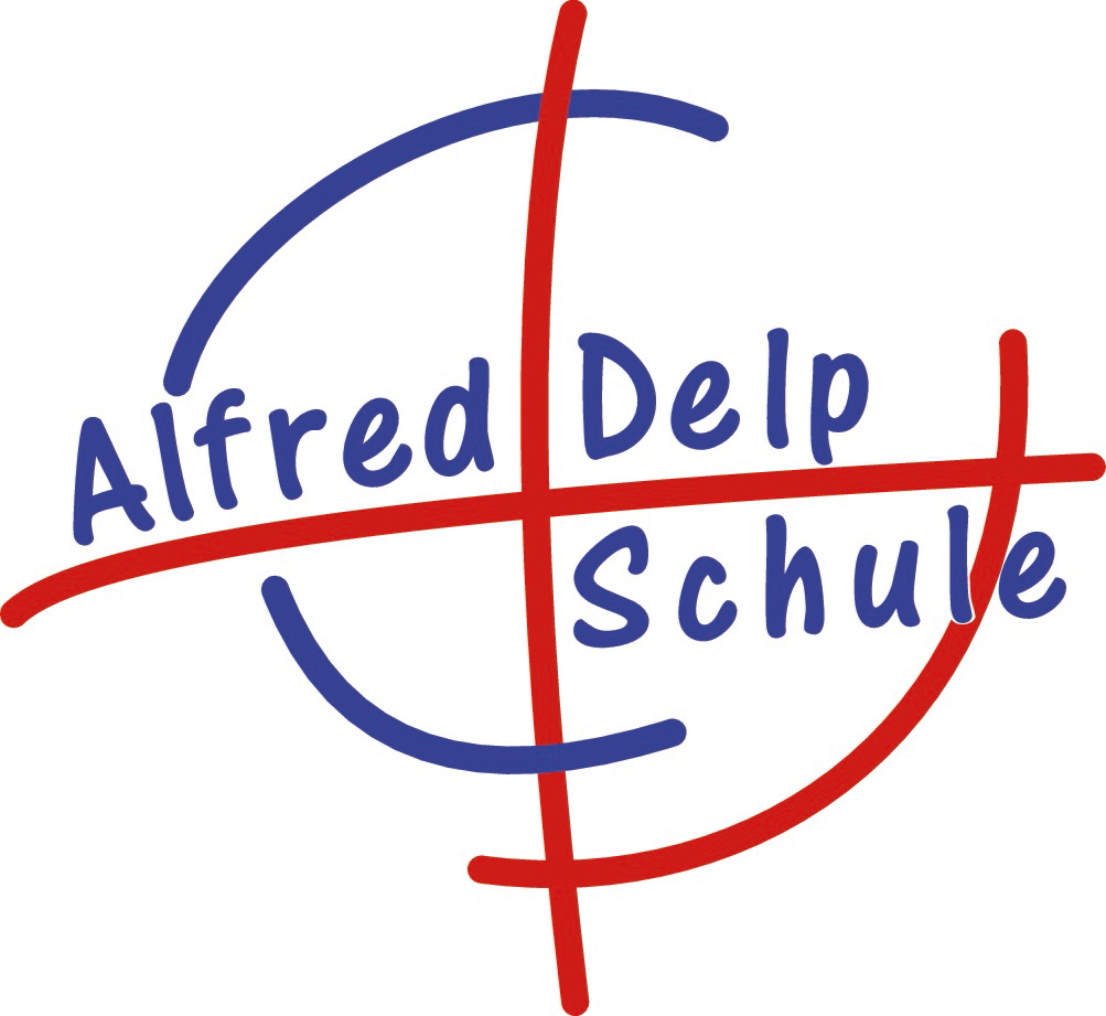 Man sieht rote Linien, die ein Kreuz andeuten, umgeben von blauen und roten Linien. Darin steht: Alfred Delp Schule
